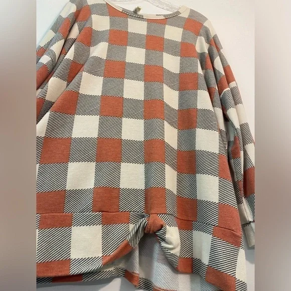 Oversized Boutique Plaid Women’s Pullover Long Sleeve Shirt Orange Gray Plus 1XL - Picture 3 of 7